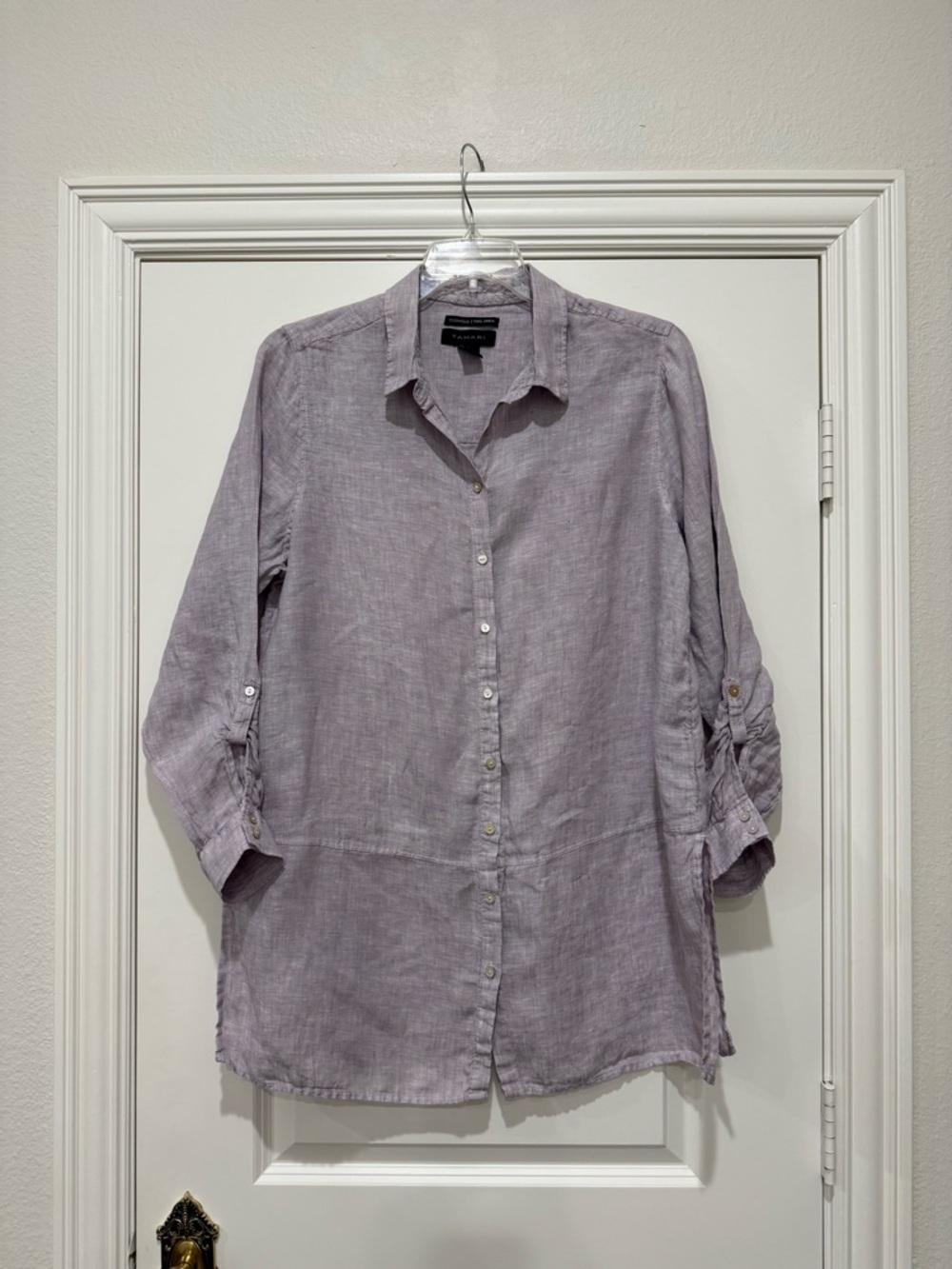 Ladies Tahari Essentials 100% Linen Lavender Button Down Tunic Blouse X-Large
